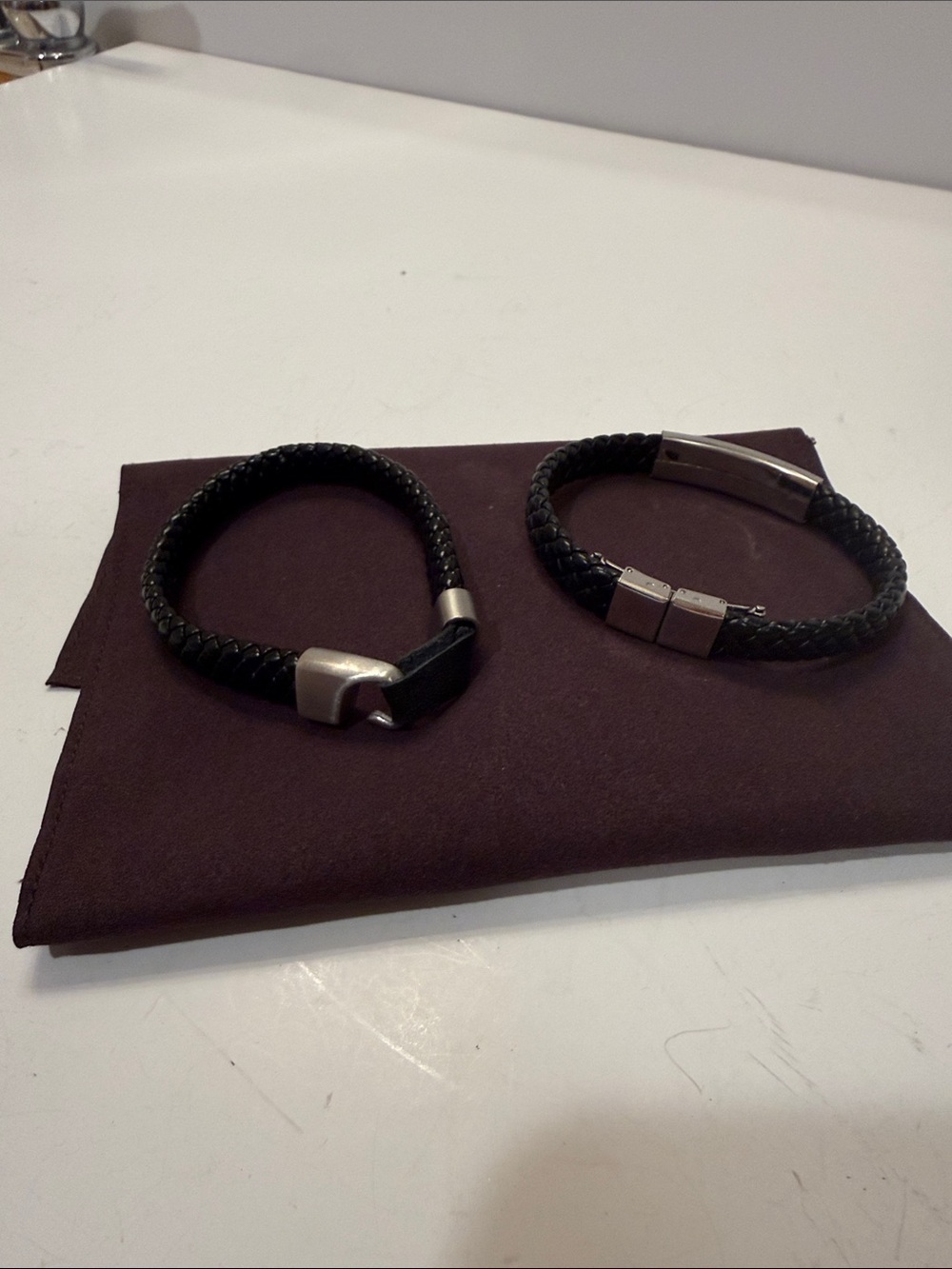 Men's Black Braided Leather Bracelet with Stainless Accents